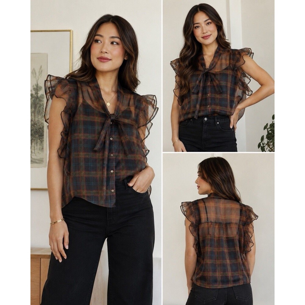 Current Air Top Womens L Plaid Organza Flutter Sleeve Tie Neck Blouse Chic